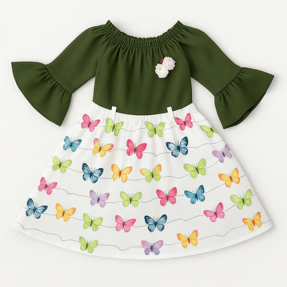 Green and White girls dress with Butterfly Print